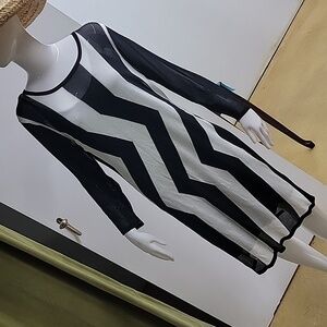 NWT TRINA TURK Mesh Layered Dress Zigzag Lined Black White Evening Size XL